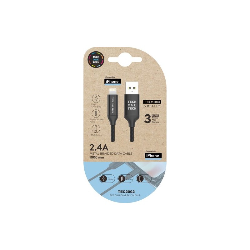 CABLE TECHONE USB-LIGHTNING NEGRO 1 m- CABLE TECHONE USB-LIGHTNING NEGRO 1 m-
